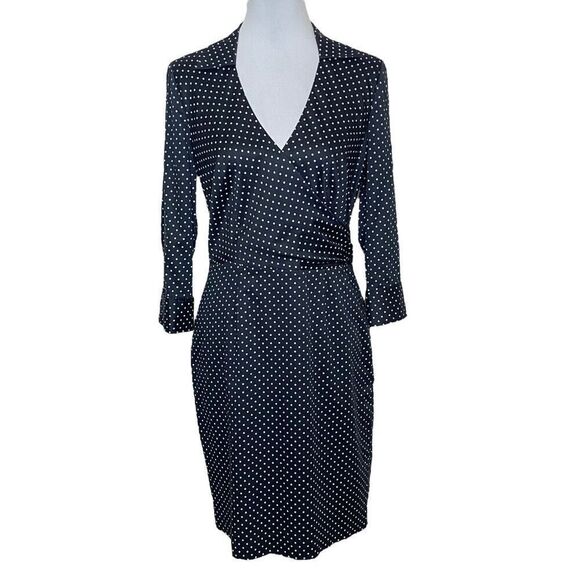 Ann Taylor Navy Polka Dot Faux Wrap Shirt Dress Size 8 - Picture 1 of 15